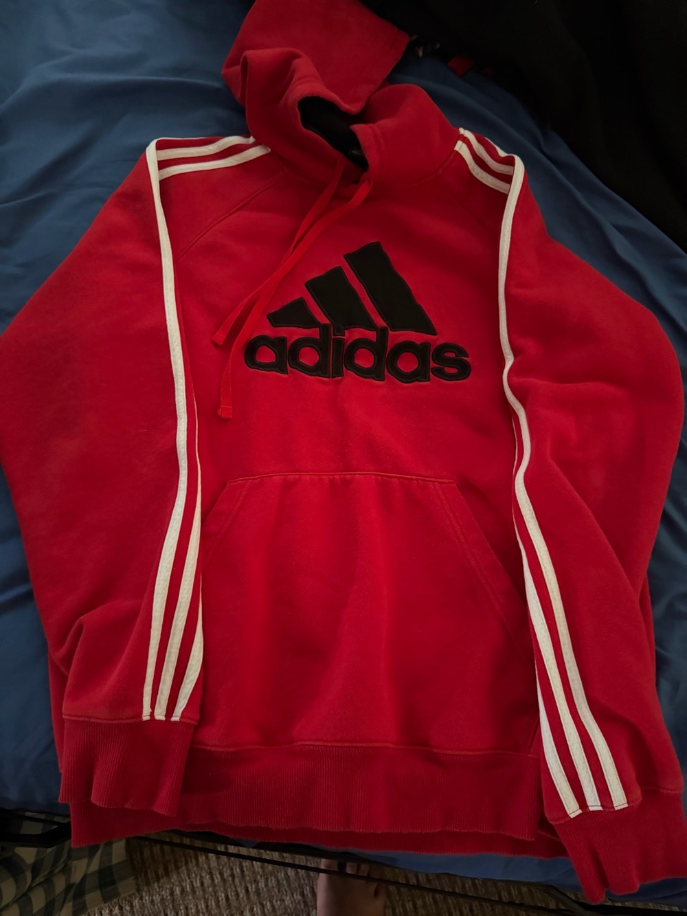 adidas Men’s Red Crewneck Hoodie with Black Logo & White Stripes